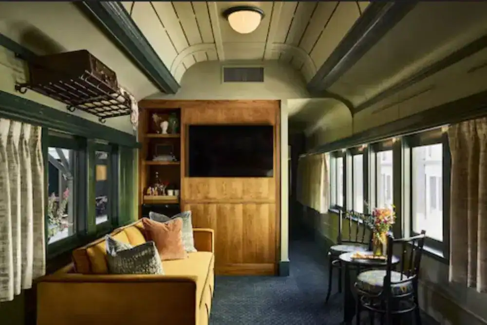 Restored train carriage room at Hotel Chalet in Chattanooga, Tennessee