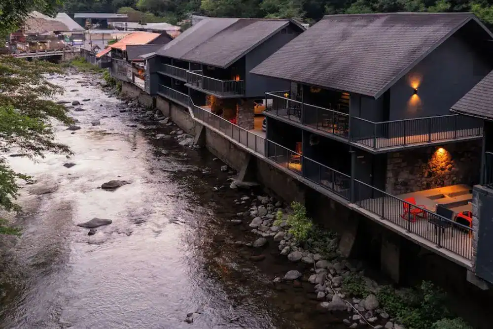 Historic Rocky Waters Inn along the Little Pigeon River in Gatlinburg, Tennessee