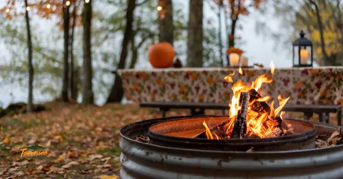 Cozy fall campsite with a campfire and colorful leaves, perfect for a fall camping trip.