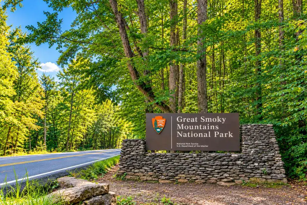 Great Smoky Mountains National Park entrance sign beside a wooded road surrounded by green trees.