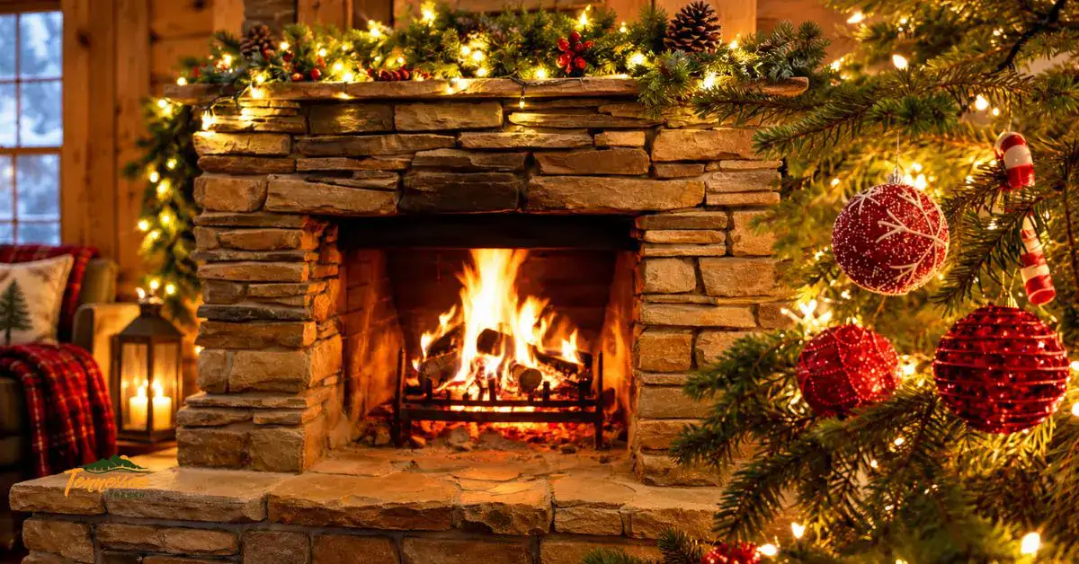 Rustic stone fireplace with a glowing fire beside a decorated Christmas tree in a warm mountain cabin setting.