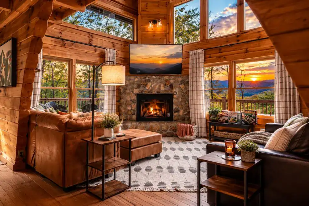 Southern Comfort cabin living room in Brothers Cove near Pigeon Forge, featuring a stone fireplace, vaulted wood ceilings, and large windows.