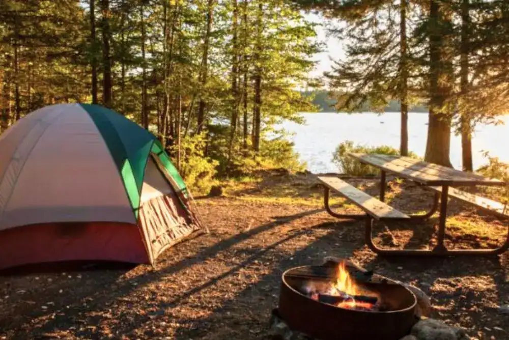 Tent campsite with a picnic table and campfire in a wooded campground.