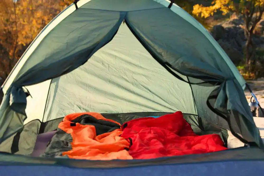 Open tent with orange and red sleeping bags inside, showing a clean sleep setup for a bear proof campsite