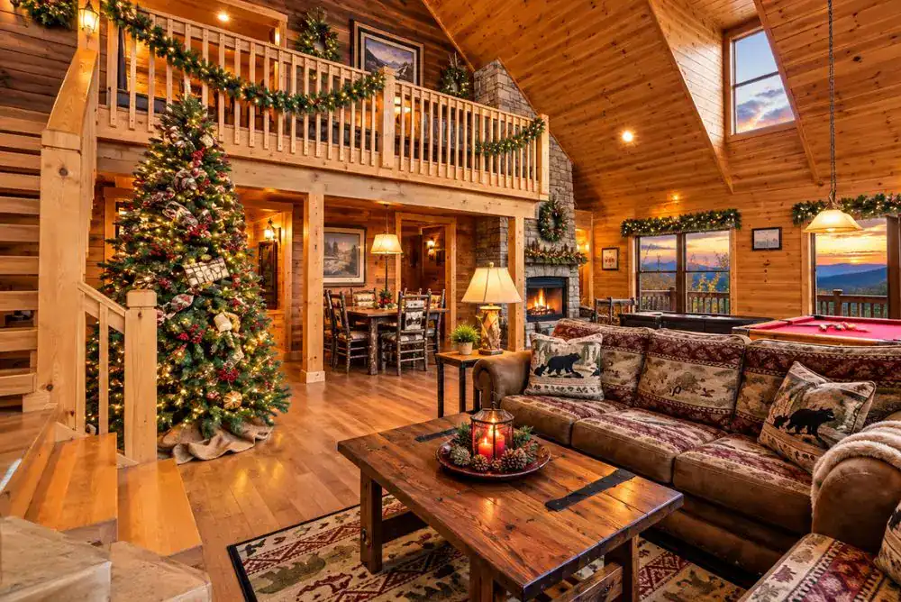 Christmas-decorated living room at What A Lodge near Pigeon Forge, featuring a Christmas tree, vaulted wood ceilings, loft, and pool table.