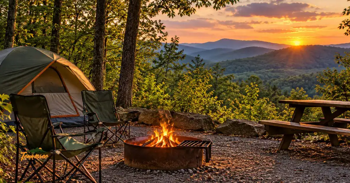Tent, camping chairs, and a campfire in a metal fire ring overlooking wooded mountains at sunset.